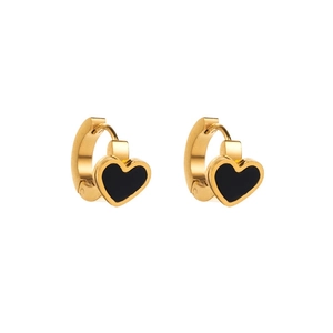 Minimalist double-layered gold hoop earrings with black heart-shaped pendant charms