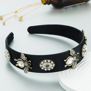 Baroque style wide headband with sparkling crystal bees and faux pearls on black satin fabric