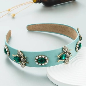 Mint green silk headband with gold bee ornaments, green crystals and small white pearls