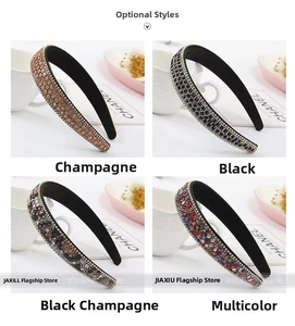 Detailed grid view of crystal headbands in champagne gold, black, and rainbow colors