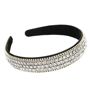 Elegant wide headband with multi-layer white rhinestones and gold chain edge trim