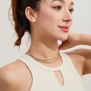 Stainless Steel Full Rhinestone Tennis Necklace 18K Gold Plated Double Layer Clavicle Chain Fashion Jewelry For Women