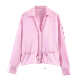 Elegant pink satin long-sleeve shirt with lapel collar and drawstring waist belt