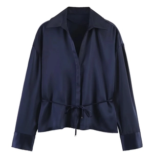 Navy blue satin long sleeve shirt with classic collar and adjustable waist drawstring