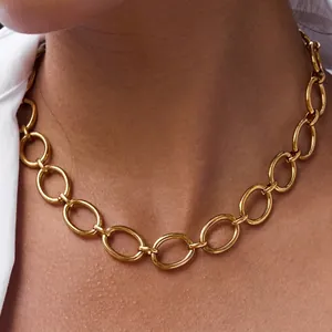 Geometric Oval Link Chain Necklace Gold Plated Stainless Steel Minimalist Waterproof Toggle Clasp For Women