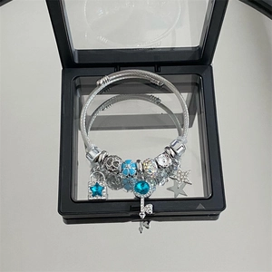 Charming stainless steel twisted cable bracelet with blue star lock and key charms