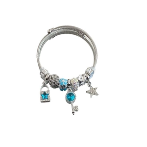 Silver stainless steel charm bracelet with blue star padlock and key pendant jewelry