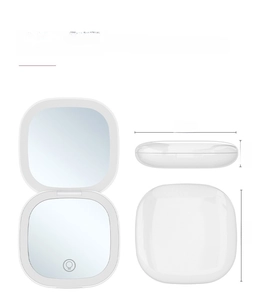 Detailed dimensions of white foldable LED makeup mirror with 90mm square frame and USB charging