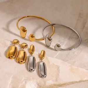 Edelstahl Schmuck Mit Organischen Tropfenformen Verstellbares Offenes Armreif Und Ohrstecker Hypoallergen Und Wasserdicht