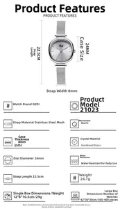 Detailed specs of silver mesh band watch with 24mm dial and hard glass mirror