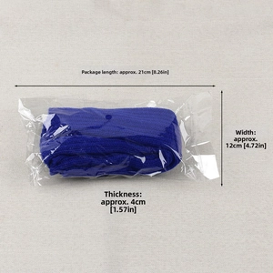 Blue knit long gloves in clear packaging showing 21cm length for winter arm warmers
