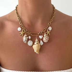 Ocean Starfish Seashell Charm Necklace Stainless Steel Artificial Baroque Pearl Vacation Marine Style Jewelry For Women