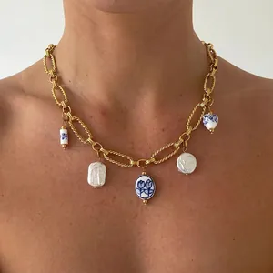 Stainless Steel Choker Necklace Gold Thick Chain With Heart Ceramic Pendant And Artificial Baroque Pearl Blue White Porcelain Style