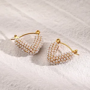 V-Shape Heart Artificial Pearl Earrings 18K Gold Plated Stainless Steel Waterproof Hypoallergenic Geometric Jewelry For Women