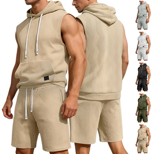Sleeveless Hoodie And Shorts Men Textured Knitted Jacquard Solid Color Casual Sporty Summer Outfit Kangaroo Pocket