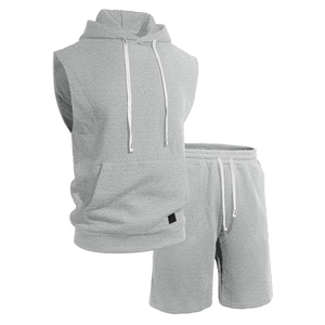 Men's grey sleeveless hooded vest and shorts set with diamond textured waffle fabric