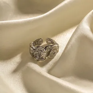 Irregular Lava Texture Ring Stainless Steel Wrinkled Liquid Metal Style Minimalist Adjustable Open Ring For Women Trendy