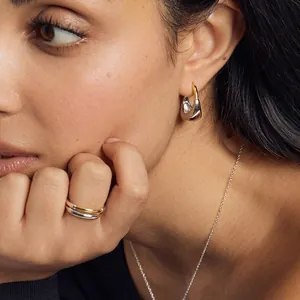 Two-Tone Stainless Steel Chunky Hoop Earrings For Women Waterproof Hypoallergenic Teardrop Geometric Huggie Fashion