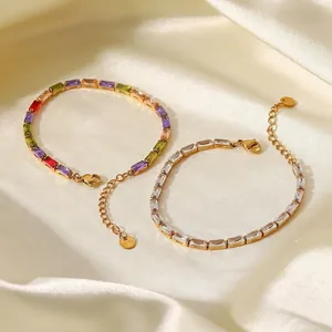 18K Gold Plated Stainless Steel Tennis Bracelet For Women Square Clear Colorful Cubic Zirconia Elegant Adjustable Jewelry