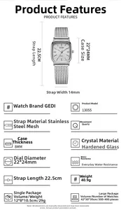 Detailed size specifications for women's square watch with mesh strap and dimensions