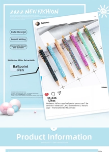 Detailed close-up of a 7-piece set of colorful sequin glitter retractable ballpoint pens