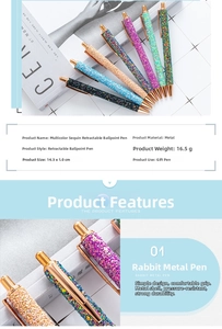Detail view of 7-piece set sequin retractable ballpoint pens with shiny glitter finish