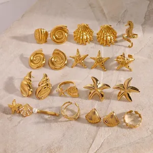 Ocean Theme Jewelry Stainless Steel Starfish Seahorse Shell Earrings Rings Women Gold Plated Summer Beach Accessories