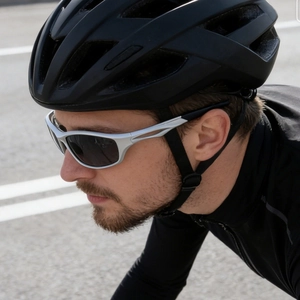 Silver frame sports polarized sunglasses with black lenses for cycling and outdoor sports