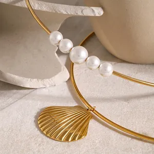 Stainless Steel Choker Necklace With Shell Pendant And Artificial Pearls French Retro Elegant Fashion Jewelry Women