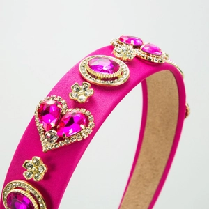 Elegant Baroque rose pink satin headband with heart-shaped crystals and gold floral accents