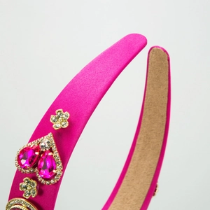 Magenta satin baroque headband with crystal heart and gold floral rhinestone accents