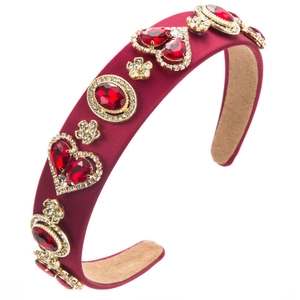 Baroque wine red headband with heart-shaped crystal embellishments and gold accents