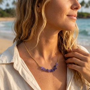 Bohemian gold stainless steel necklace with natural irregular purple amethyst stones