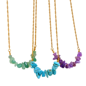 Natural tiger eye and colorful irregular gemstone chip necklace with gold steel chain