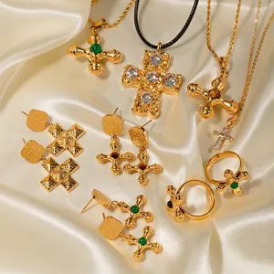 Stainless Steel Cross Pendant Necklace 18K Gold Plated Retro Bohemian Style Jewelry For Women With Zircon Stone