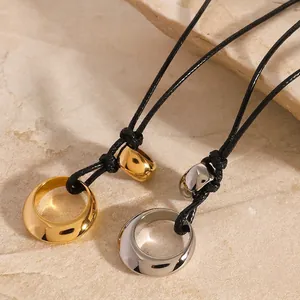 Minimalist Irregular Geometric Circle Pendant Necklace Stainless Steel Hollow Adjustable Black Rope Cord Clavicle Chain