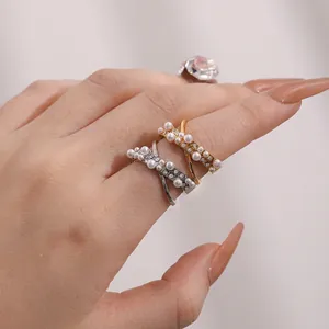 Cross Over Ring Stainless Steel With Faux Artificial Pearl And Rhinestone X Shaped Elegant Fashion Jewelry For Women