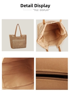 Detail of woven straw tote bag featuring leather handles and secure zip closure