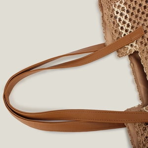 Fashion woven straw tote bag with brown leather straps and zip closure for vacation