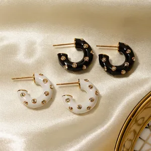 C-Shaped Enamel Hoop Earrings Stainless Steel Inlaid Rhinestones French Vintage Style Fashionable Jewelry For Women