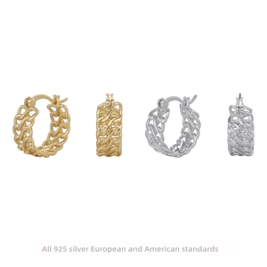 925 Sterling Silver Woven Chain Link Hoop Earrings For Women Minimalist Geometric Real Gold Plated Ins Style Stud Earrings