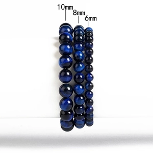 Three-piece set of polished blue tiger eye bead bracelets in 6mm, 8mm, and 10mm sizes