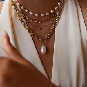 Artificial Baroque Pearl Necklace Stainless Steel Layered Vintage Luxury Waterproof Hypoallergenic Jewelry For Women