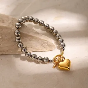 Stainless Steel Beaded Bracelet With Gold Heart Pendant Toggle Clasp Fashion Minimalist Jewelry For Women