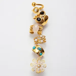 Stainless Steel Rings 18K Gold Plated Natural Stone Zircon Starfish Artificial Pearl Waterproof Hypoallergenic Bohemian For Women