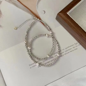 Elegant S925 sterling silver beaded necklace and bracelet set with white pearls