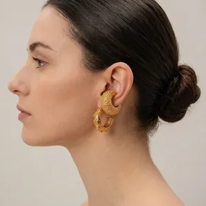 C Shaped Hoop Earrings 18K Gold Plated Stainless Steel Hammered Texture Floral Relief Retro Design For Women