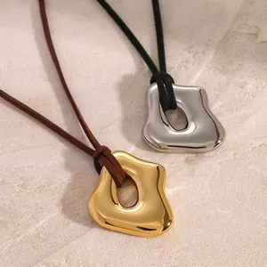 Irregular Hollow Pendant Necklace Stainless Steel Liquid Metal Design Adjustable Long Rope Chain Waterproof Jewelry For Women