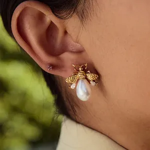 Bee Artificial Pearl Drop Earrings Stainless Steel With Titanium Steel Earring Post Waterdrop Shape Zircon Fashion Jewelry Women