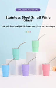 Close-up of colorful 3oz stainless steel mini cups with straw and clear lids